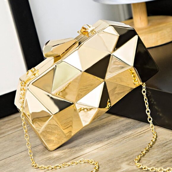 Women Metal Clutch Purse Small Evening Bag Geometric Gold with Chain - Picture 8 of 8